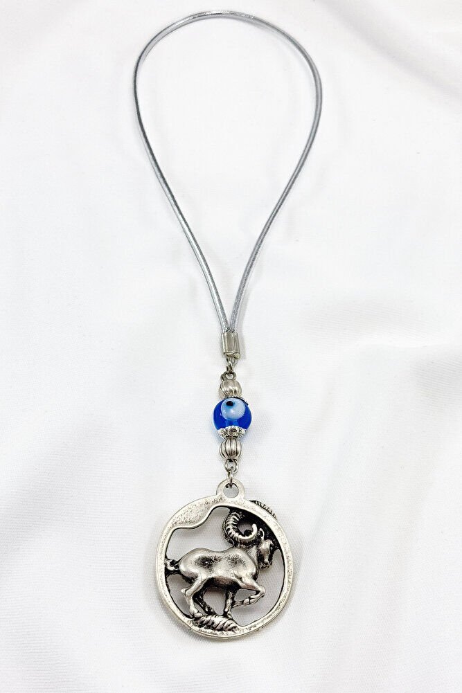 Silver Color Handmade Glass Evil Eye Bead Aries Car Rearview Mirror Ornament, Aries Car Gift