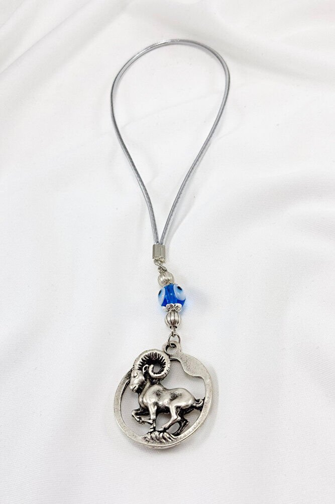 Silver Color Handmade Glass Evil Eye Bead Aries Car Rearview Mirror Ornament, Aries Car Gift