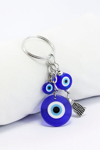 Üç Nazar Boncuklu Metal Püsküllü Anahtarlık, Hediyelik Küçük Çanta Süsü