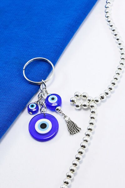 Üç Nazar Boncuklu Metal Püsküllü Anahtarlık, Hediyelik Küçük Çanta Süsü