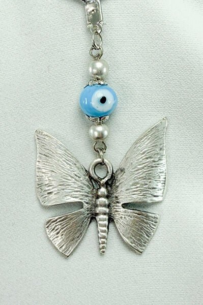 Handmade Blue Glass Evil Eye Beaded Metal Butterfly Car Rearview Mirror Ornament, New Car Gift