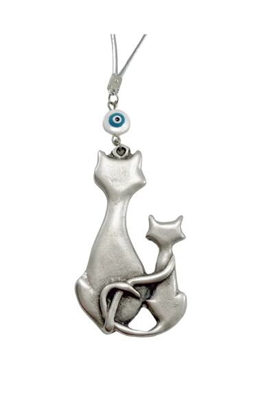 Handmade White Glass Evil Eye Bead Metal Cat Family Rearview Mirror Ornament / Gift Accessory