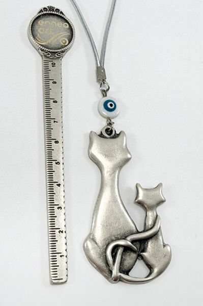 Handmade White Glass Evil Eye Bead Metal Cat Family Rearview Mirror Ornament / Gift Accessory