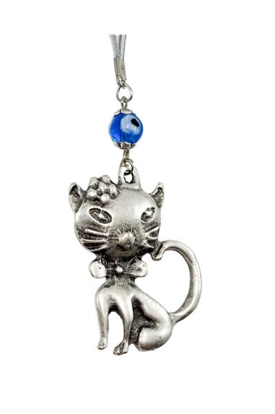 Handmade Dark Blue Glass Evil Eye Bead Metal Cat Rearview Mirror Ornament / Gift Accessory