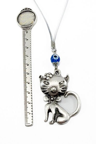 Handmade Dark Blue Glass Evil Eye Bead Metal Cat Rearview Mirror Ornament / Gift Accessory