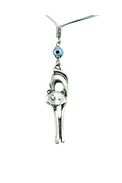 Handmade Blue Glass Evil Eye Beaded Meta Stretching Cat Car Rearview Mirror Ornament