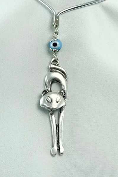 Handmade Blue Glass Evil Eye Beaded Meta Stretching Cat Car Rearview Mirror Ornament