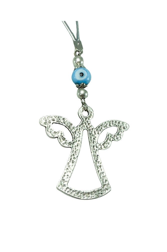 El Yapımı Mavi Cam Nazar Boncuklu Metal  Gümüş Renkli Melek Araba Dikiz Ayna Süsü