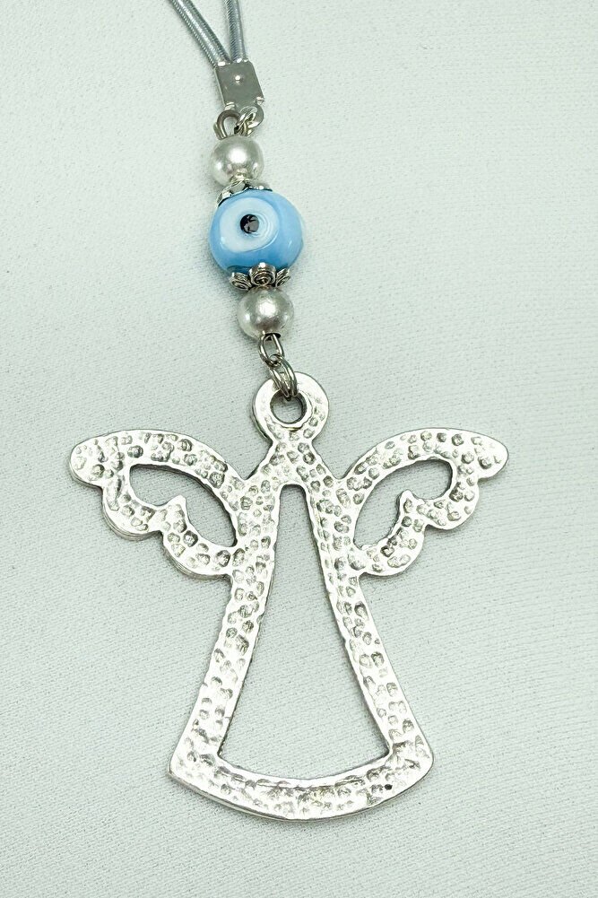 El Yapımı Mavi Cam Nazar Boncuklu Metal  Gümüş Renkli Melek Araba Dikiz Ayna Süsü