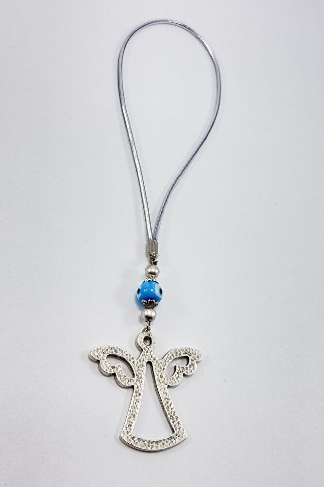 El Yapımı Mavi Cam Nazar Boncuklu Metal  Gümüş Renkli Melek Araba Dikiz Ayna Süsü