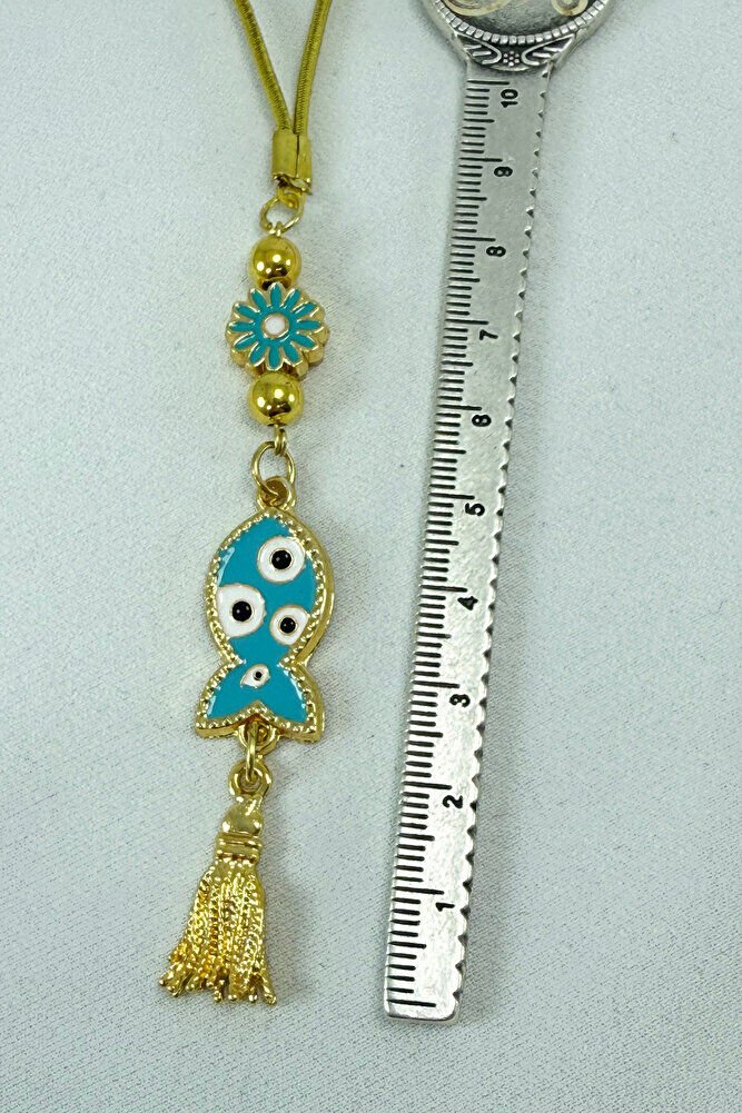 Mavi Çiçek Metal Püskül Renkli Nazar Balık Araba Dikiz Ayna Süsü, Yeni Araba Hediyesi