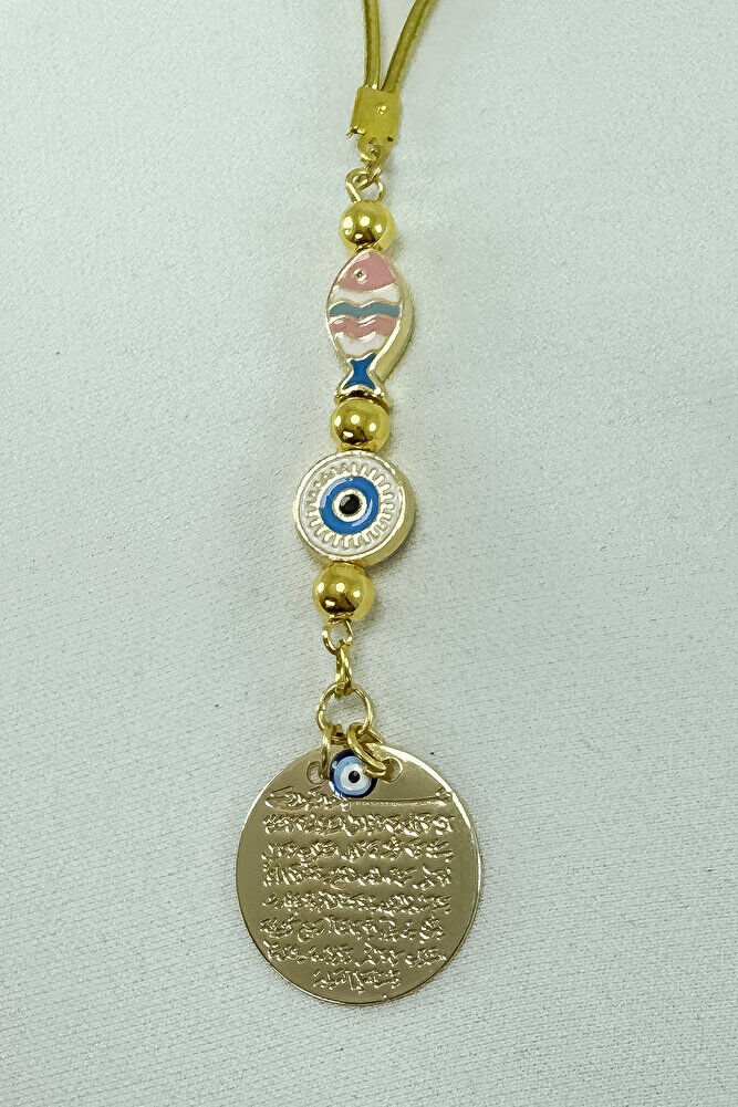 Çerçeveli Renkli Balık Nazar Gold Metal Ayetel Kürsi Araba Dikiz Ayna Süsü, Yeni Araba Hediyesi