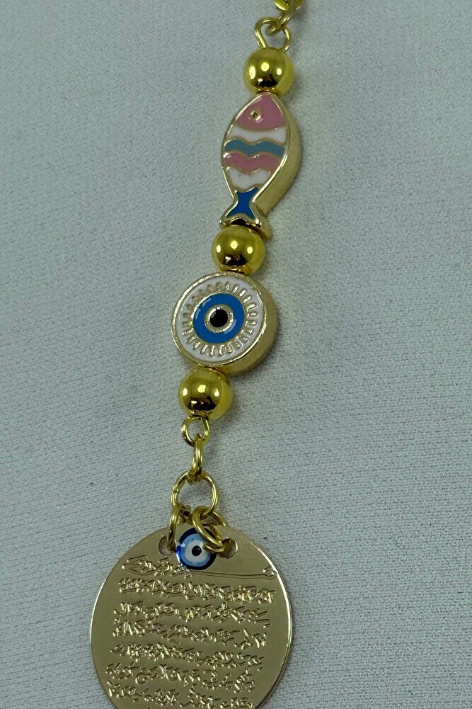 Çerçeveli Renkli Balık Nazar Gold Metal Ayetel Kürsi Araba Dikiz Ayna Süsü, Yeni Araba Hediyesi