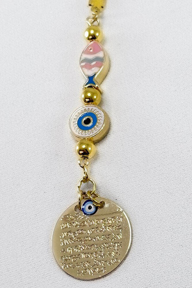 Çerçeveli Renkli Balık Nazar Gold Metal Ayetel Kürsi Araba Dikiz Ayna Süsü, Yeni Araba Hediyesi