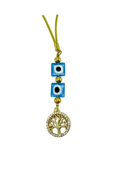 El Yapımı Kare Cam Nazar Boncuğu Parlak Taş Çerçeveli Yaşam Ağacı Araba Dikiz Ayna Süsü