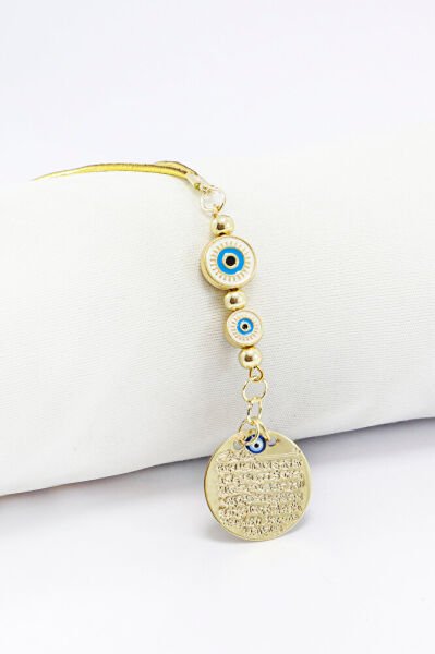 Araba Dikiz Ayna Süsü, Çift Metal Nazar Boncuğu Beyaz Turkuaz Küçük Metal Ayetel Kürsi