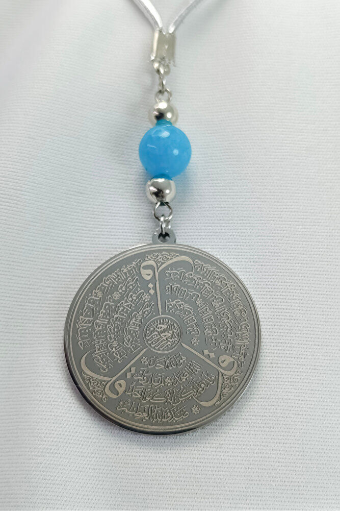 Turkuaz Doğal Taşlı Gümüş Renk Çelik Çift Taraflı Ayetel Kürsi Felak Nas İhlas Araba Dikiz Ayna Süsü