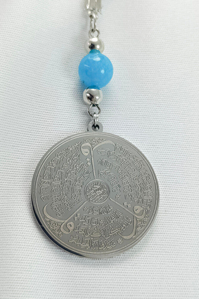 Turkuaz Doğal Taşlı Gümüş Renk Çelik Çift Taraflı Ayetel Kürsi Felak Nas İhlas Araba Dikiz Ayna Süsü