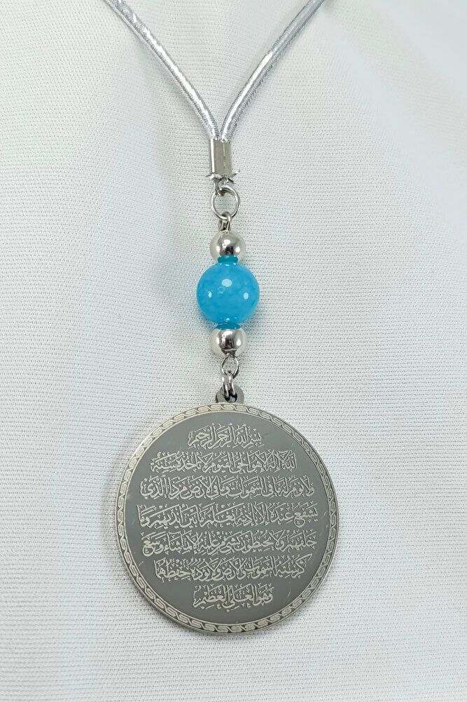 Turkuaz Doğal Taşlı Gümüş Renk Çelik Çift Taraflı Ayetel Kürsi Felak Nas İhlas Araba Dikiz Ayna Süsü