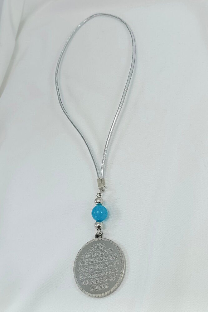 Turkuaz Doğal Taşlı Gümüş Renk Çelik Çift Taraflı Ayetel Kürsi Felak Nas İhlas Araba Dikiz Ayna Süsü