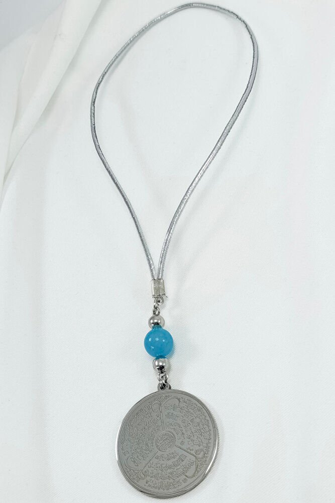 Turkuaz Doğal Taşlı Gümüş Renk Çelik Çift Taraflı Ayetel Kürsi Felak Nas İhlas Araba Dikiz Ayna Süsü