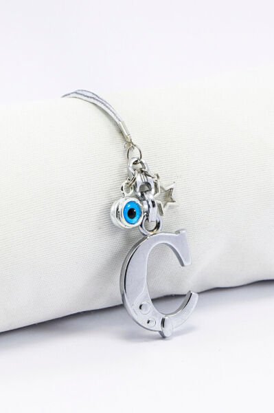 Metal Nazar Boncuğu Yıldız Ç Harfli Dikiz Ayna Süsü, Elastik İpli Hediyelik Yeni Araba Hediyesi