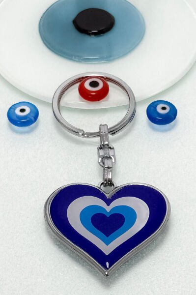 Çerçeveli Çift Taraflı Nazarlı Kalp Anahtarlık / Kalpli Hediyelik Anahtarlık