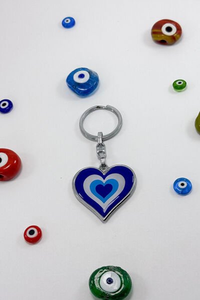 Çerçeveli Çift Taraflı Nazarlı Kalp Anahtarlık / Kalpli Hediyelik Anahtarlık