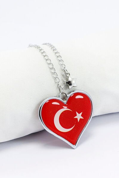 Dikiz Ayna Süsü, Çift Taraflı Metal Kırmızı Kalpli Türk Bayrağı, Metal Yıldız Detaylı Zincirli