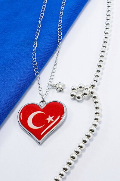 Dikiz Ayna Süsü, Çift Taraflı Metal Kırmızı Kalpli Türk Bayrağı, Metal Yıldız Detaylı Zincirli