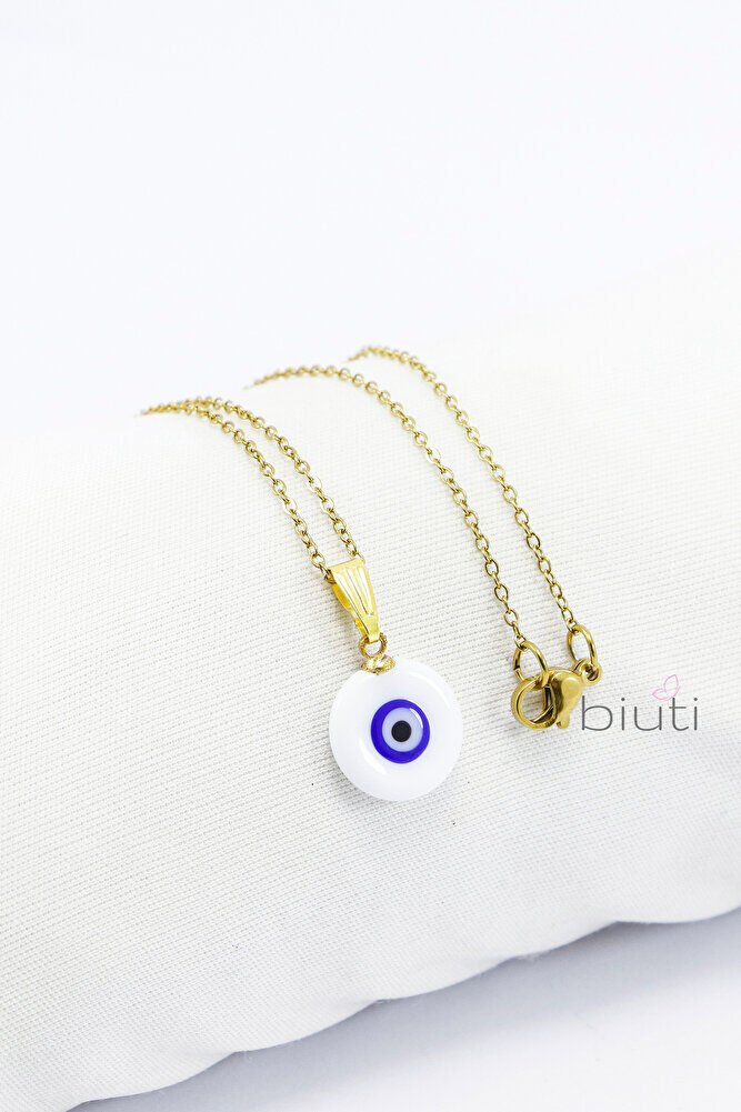 Beyaz Lacivert El Yapımı Yassı Nazar Boncuğu Gold Renkli Zincirli Çelik Kolye, Hediyelik Kolye