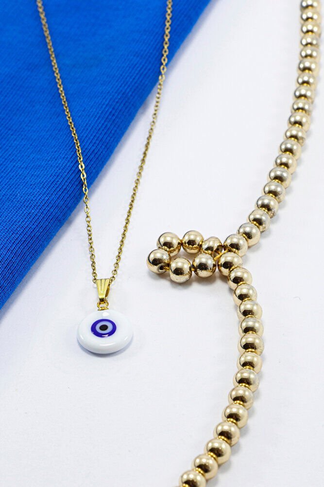 Beyaz Lacivert El Yapımı Yassı Nazar Boncuğu Gold Renkli Zincirli Çelik Kolye, Hediyelik Kolye