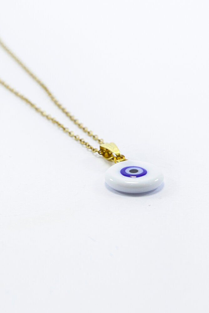 Beyaz Lacivert El Yapımı Yassı Nazar Boncuğu Gold Renkli Zincirli Çelik Kolye, Hediyelik Kolye
