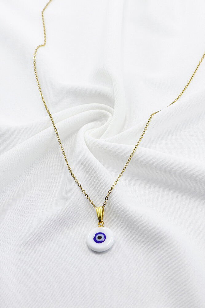Beyaz Lacivert El Yapımı Yassı Nazar Boncuğu Gold Renkli Zincirli Çelik Kolye, Hediyelik Kolye