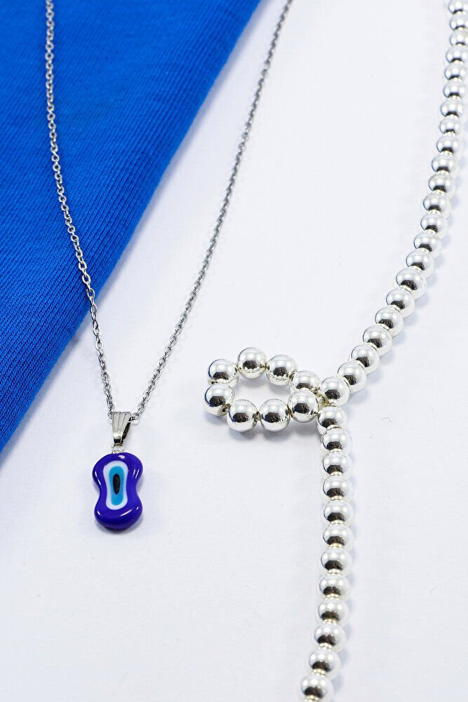 Asimetrik Modern Lacivert El Yapımı Nazar Boncuğu Gold Renkli Çelik Kolye, Hediyelik Kolye