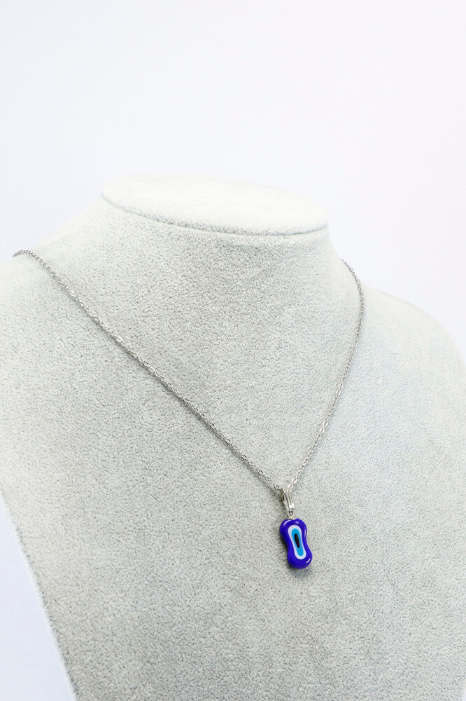 Asimetrik Modern Lacivert El Yapımı Nazar Boncuğu Gold Renkli Çelik Kolye, Hediyelik Kolye