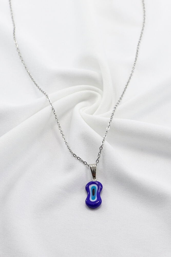 Asimetrik Modern Lacivert El Yapımı Nazar Boncuğu Gold Renkli Çelik Kolye, Hediyelik Kolye