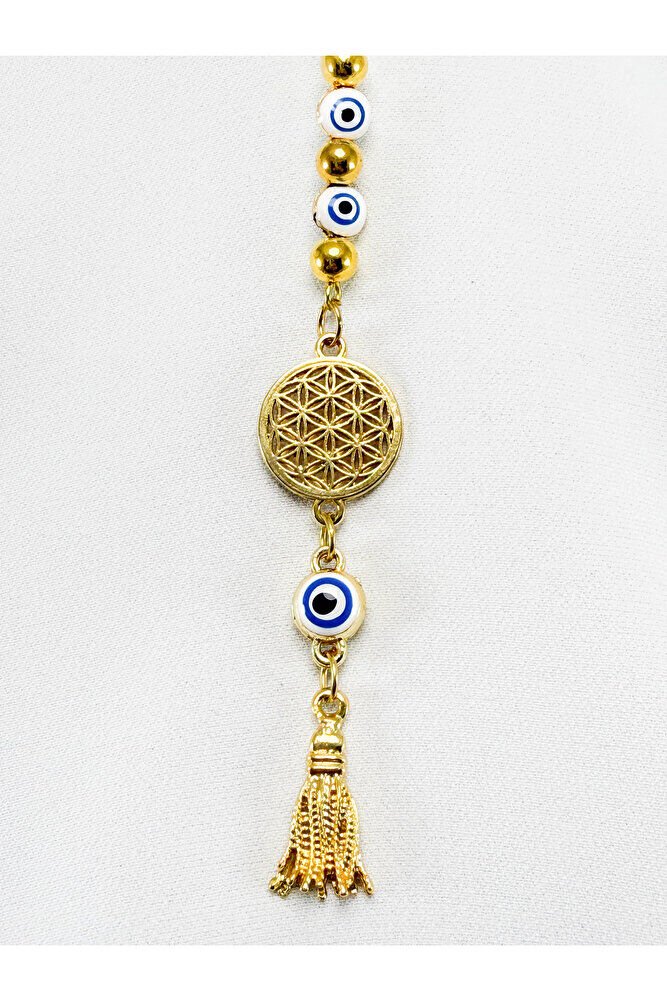 Beyaz Nazar Boncuğu Yaşam Çiçeği Araba Dikiz Ayna Süsü, Gold Renkli Yeni Araba Hediyesi