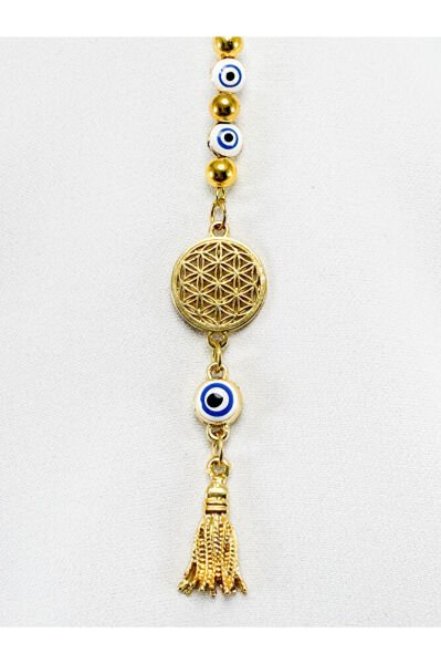 Beyaz Nazar Boncuğu Yaşam Çiçeği Araba Dikiz Ayna Süsü, Gold Renkli Yeni Araba Hediyesi