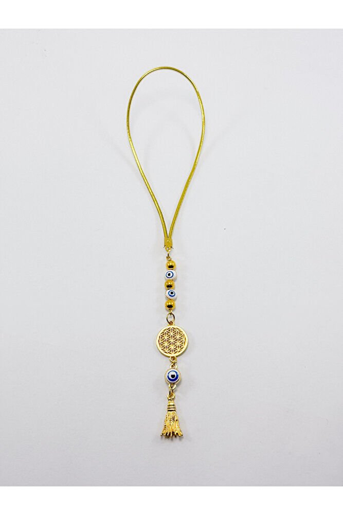 Beyaz Nazar Boncuğu Yaşam Çiçeği Araba Dikiz Ayna Süsü, Gold Renkli Yeni Araba Hediyesi