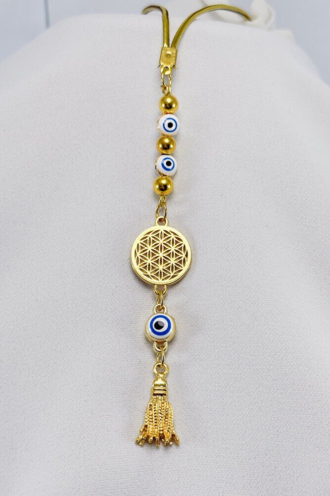 Beyaz Nazar Boncuğu Yaşam Çiçeği Araba Dikiz Ayna Süsü, Gold Renkli Yeni Araba Hediyesi