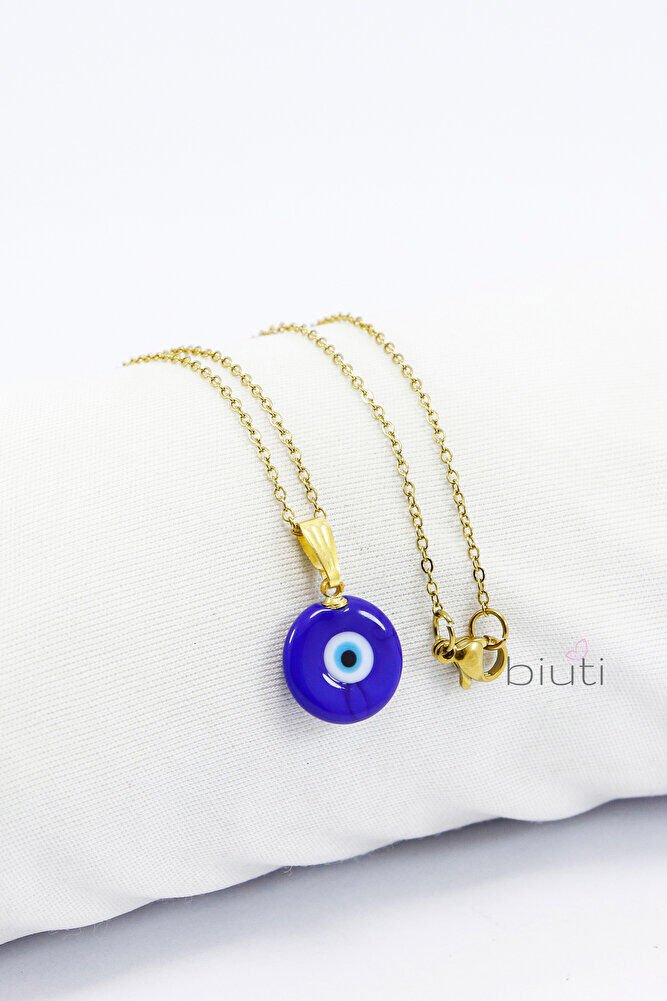 Lacivert El Yapımı Nazar Boncuğu Gold Renkli Zincirli Çelik Kolye, Hediyelik Kolye