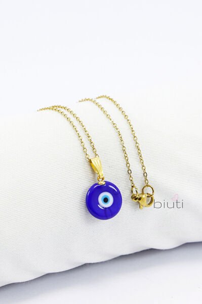 Lacivert El Yapımı Nazar Boncuğu Gold Renkli Zincirli Çelik Kolye, Hediyelik Kolye