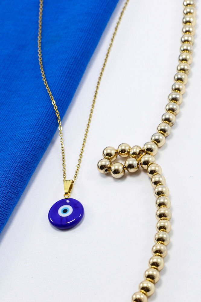 Lacivert El Yapımı Nazar Boncuğu Gold Renkli Zincirli Çelik Kolye, Hediyelik Kolye