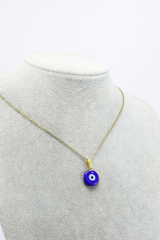 Lacivert El Yapımı Nazar Boncuğu Gold Renkli Zincirli Çelik Kolye, Hediyelik Kolye