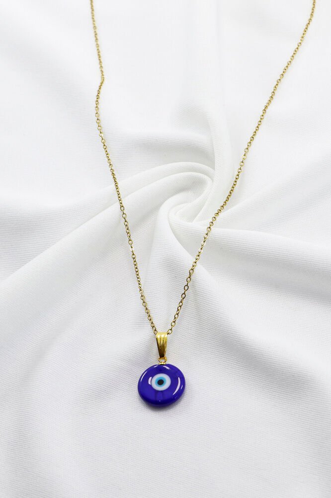 Lacivert El Yapımı Nazar Boncuğu Gold Renkli Zincirli Çelik Kolye, Hediyelik Kolye