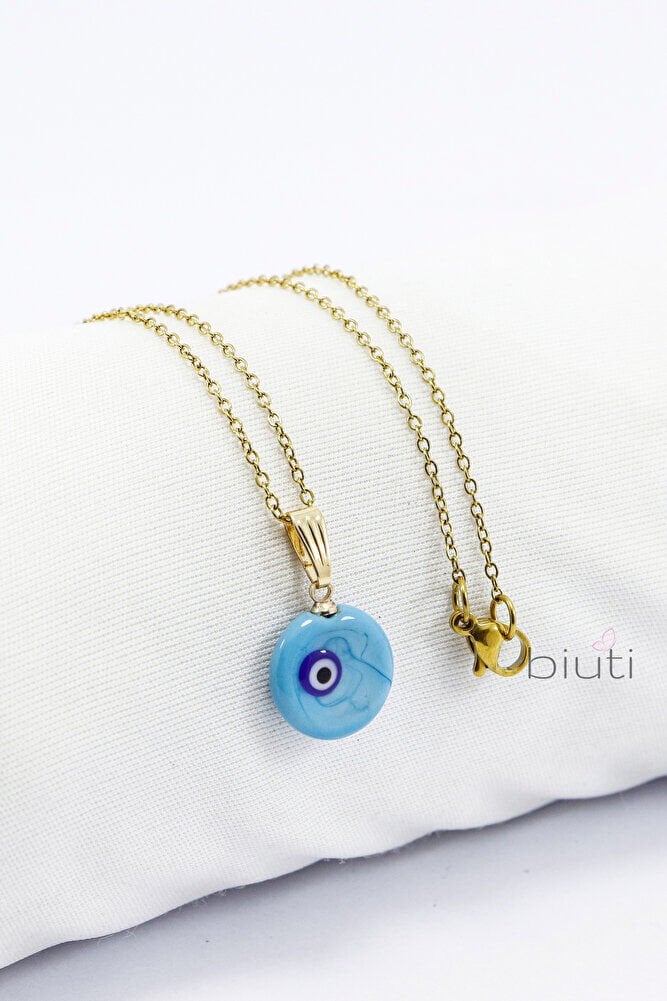 Turkuaz El Yapımı Nazar Boncuğu Gold Renkli Çelik Kolye, Hediyelik Kolye