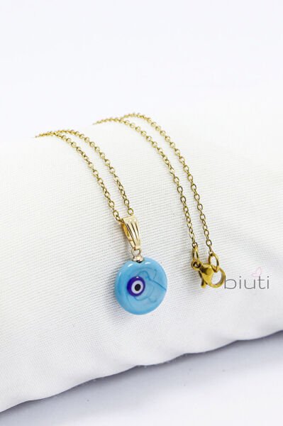 Turkuaz El Yapımı Nazar Boncuğu Gold Renkli Çelik Kolye, Hediyelik Kolye