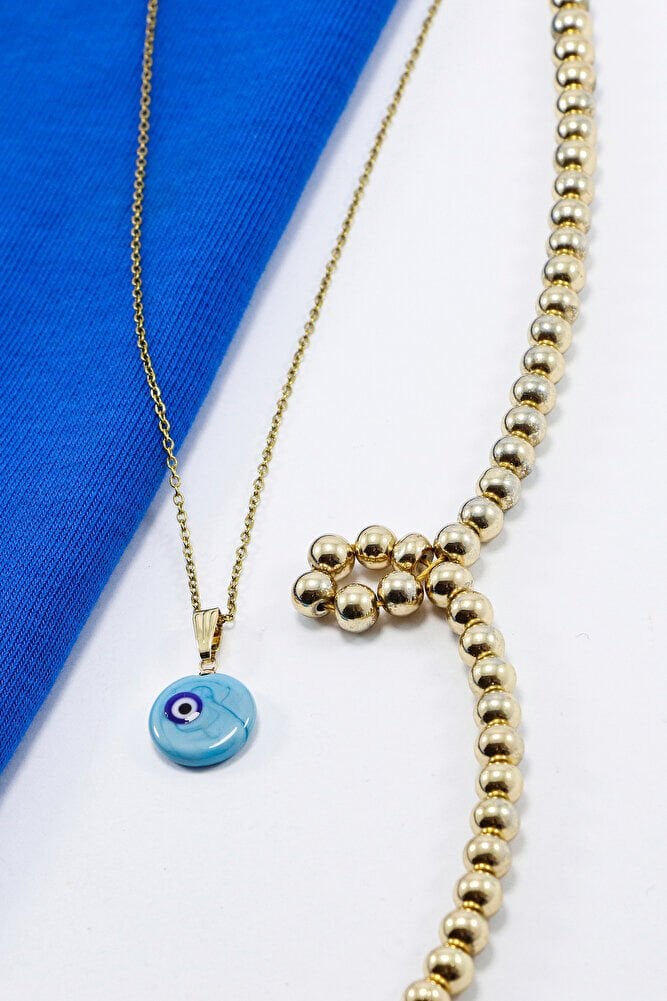 Turkuaz El Yapımı Nazar Boncuğu Gold Renkli Çelik Kolye, Hediyelik Kolye