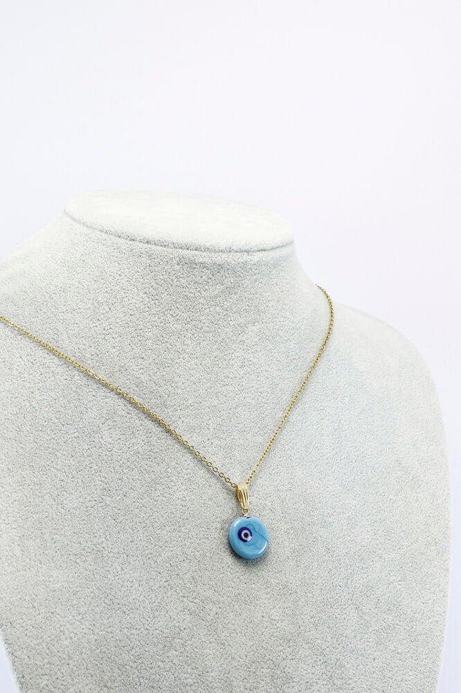 Turkuaz El Yapımı Nazar Boncuğu Gold Renkli Çelik Kolye, Hediyelik Kolye